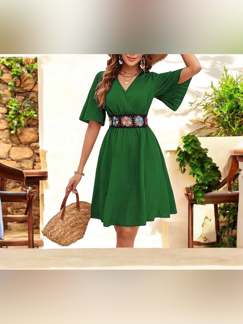 TDiooCor Green V-Neck Midi Dress with Embroidered Waistband NWT Size Large - Picture 9 of 9